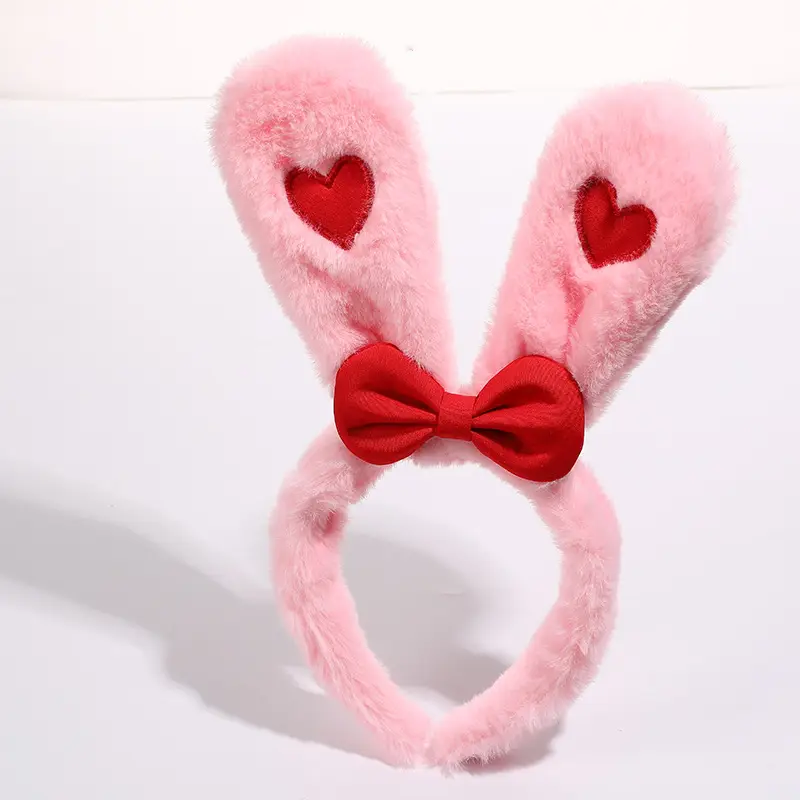 Plush Rabbit Ears Headband White Pink Bow Decor - Image 6
