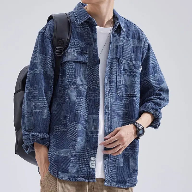 Men's Long-Sleeved Japanese Style Shirt Grey Patterned