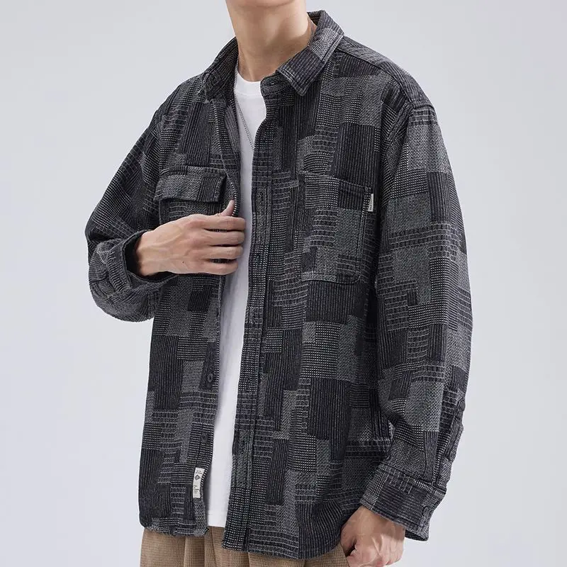 Men's Long-Sleeved Japanese Style Shirt Grey Patterned