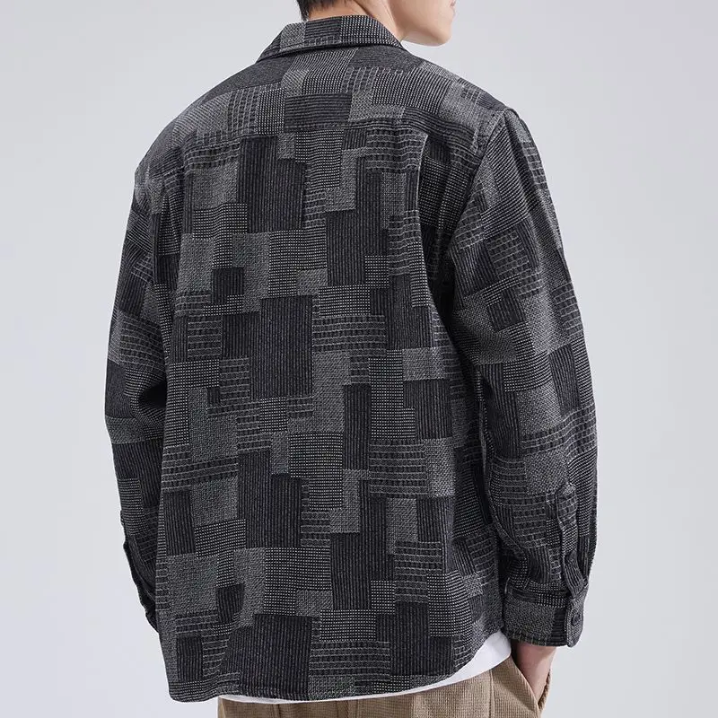 Men's Long-Sleeved Japanese Style Shirt Grey Patterned