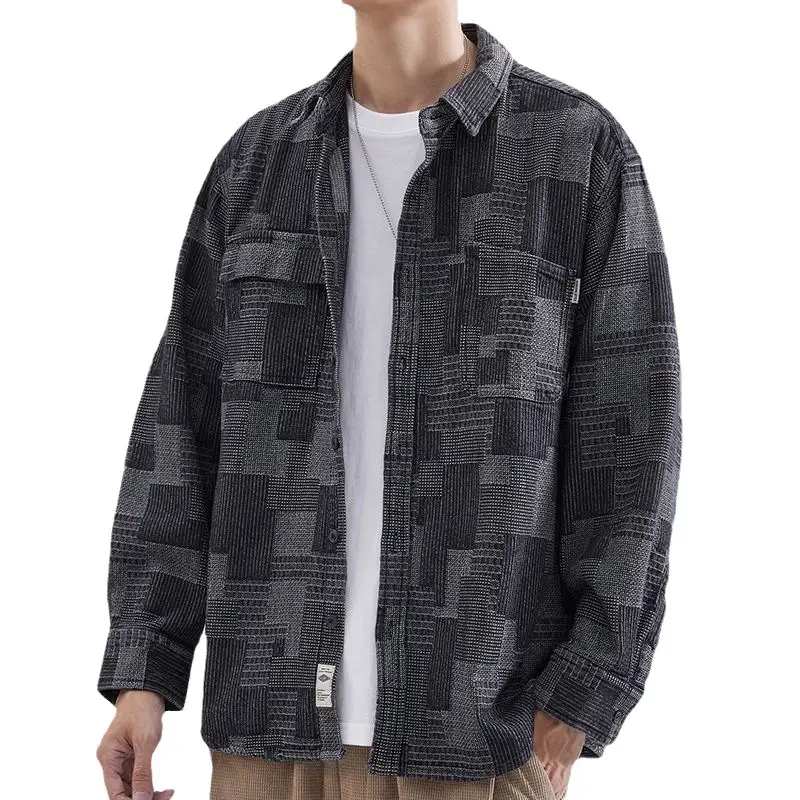Men's Long-Sleeved Japanese Style Shirt Grey Patterned