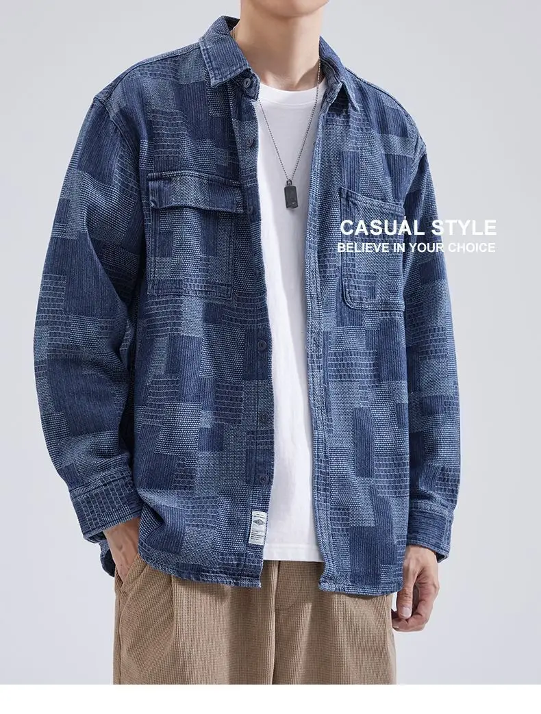 Men's Long-Sleeved Japanese Style Shirt Grey Patterned — feature 2
