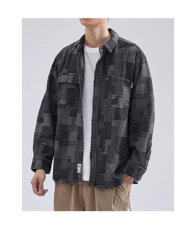 Men's Long-Sleeved Japanese Style Shirt Grey Patterned — feature 5