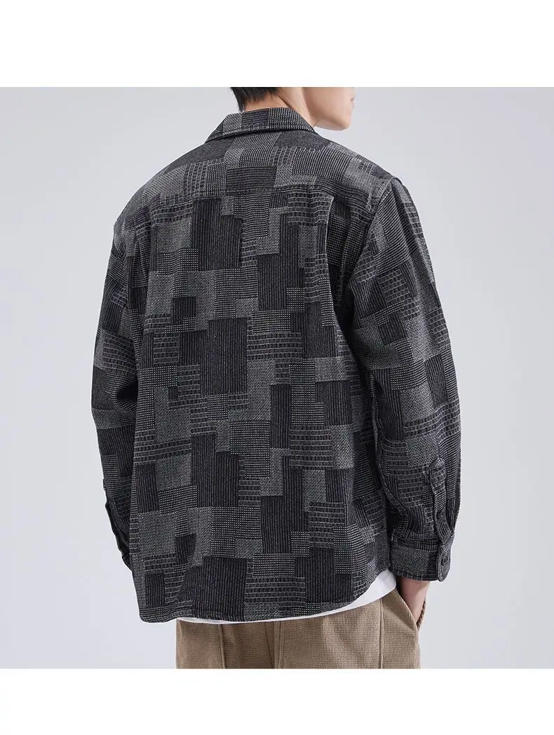 Men's Long-Sleeved Japanese Style Shirt Grey Patterned — feature 6