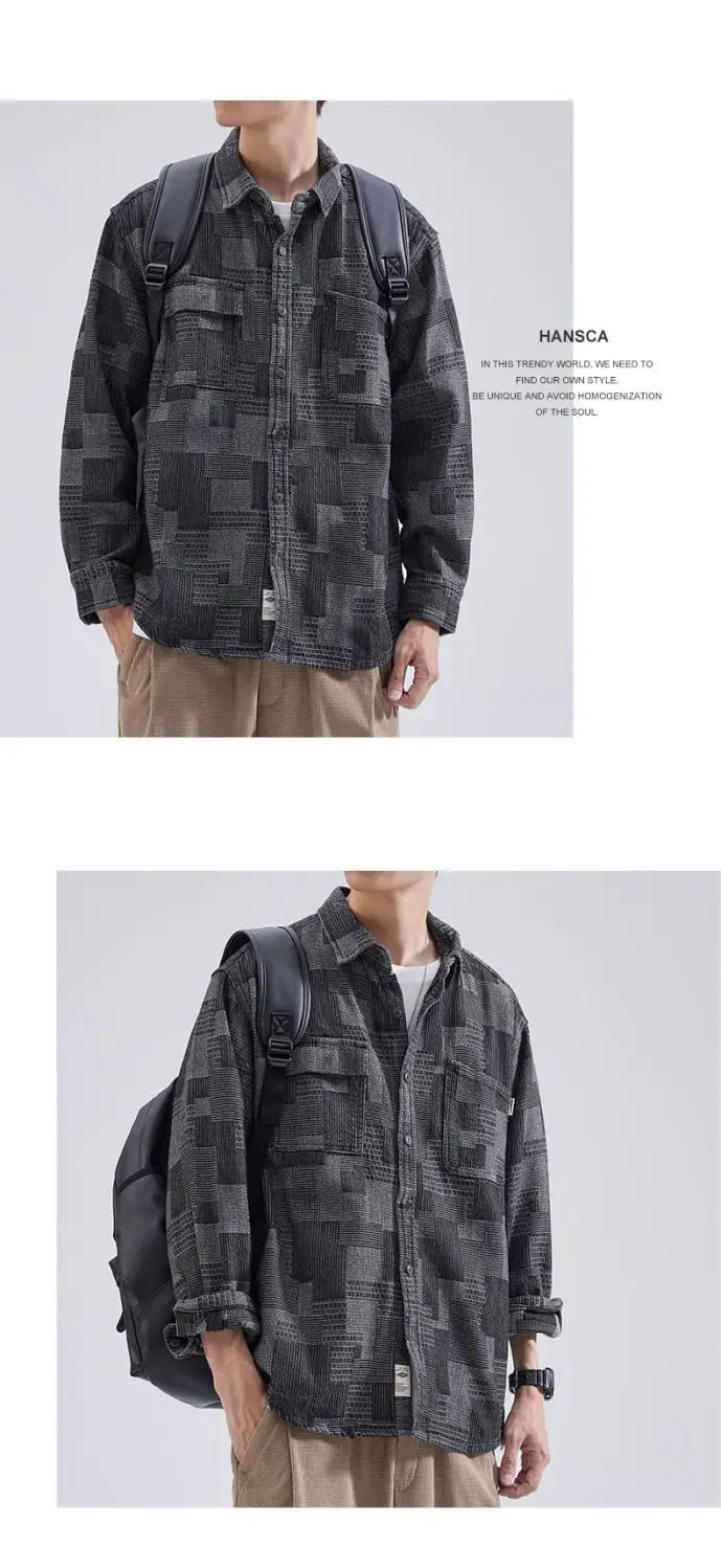 Men's Long-Sleeved Japanese Style Shirt Grey Patterned — feature 7