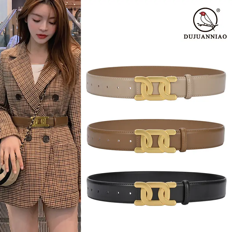 Women's Brown Leather Belt with Gold H- Buckle - Image 6