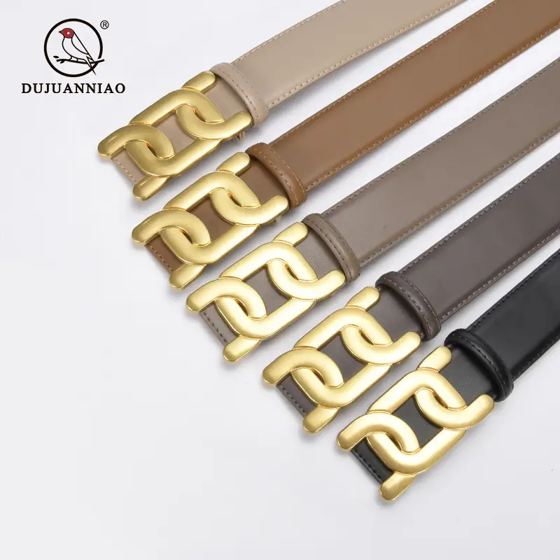 Women's Brown Leather Belt with Gold H- Buckle - Image 7