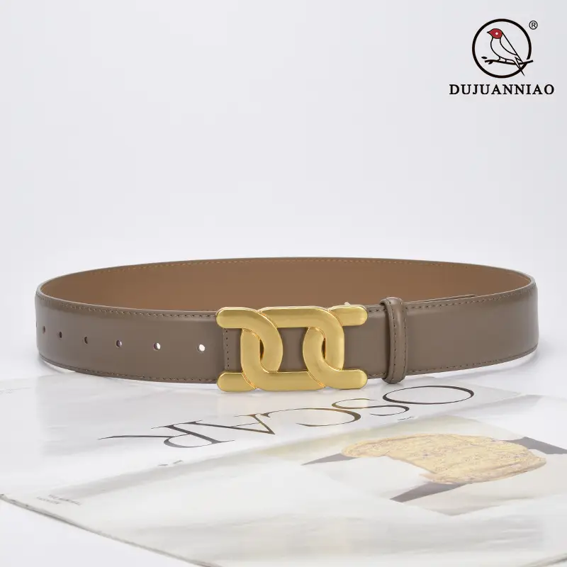 Women's Brown Leather Belt with Gold H- Buckle - Image 8
