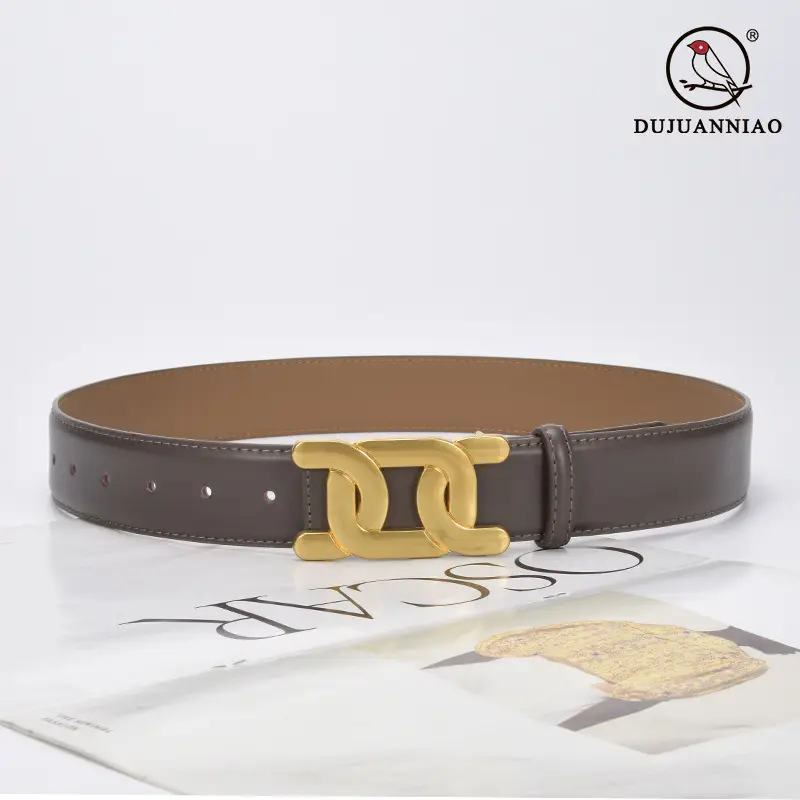 Women's Brown Leather Belt with Gold H- Buckle - Image 9
