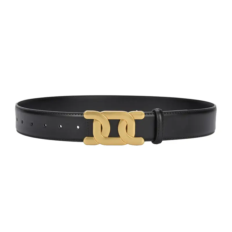 Women's Brown Leather Belt with Gold H- Buckle - Image 10