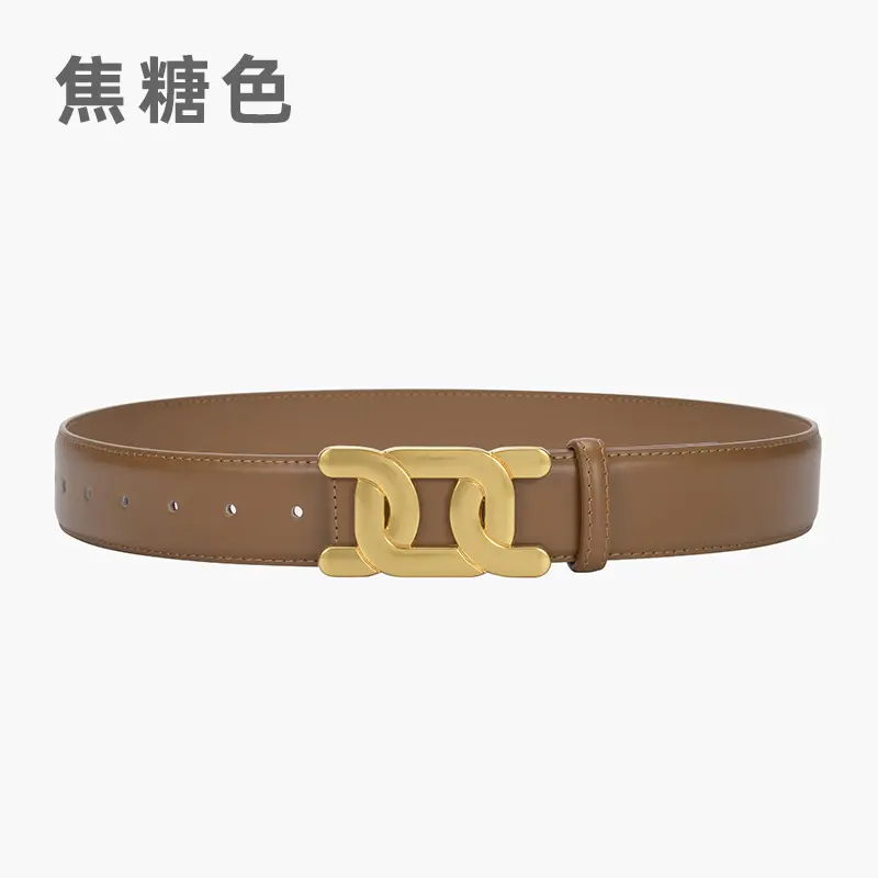Women's Brown Leather Belt with Gold H- Buckle - Image 2