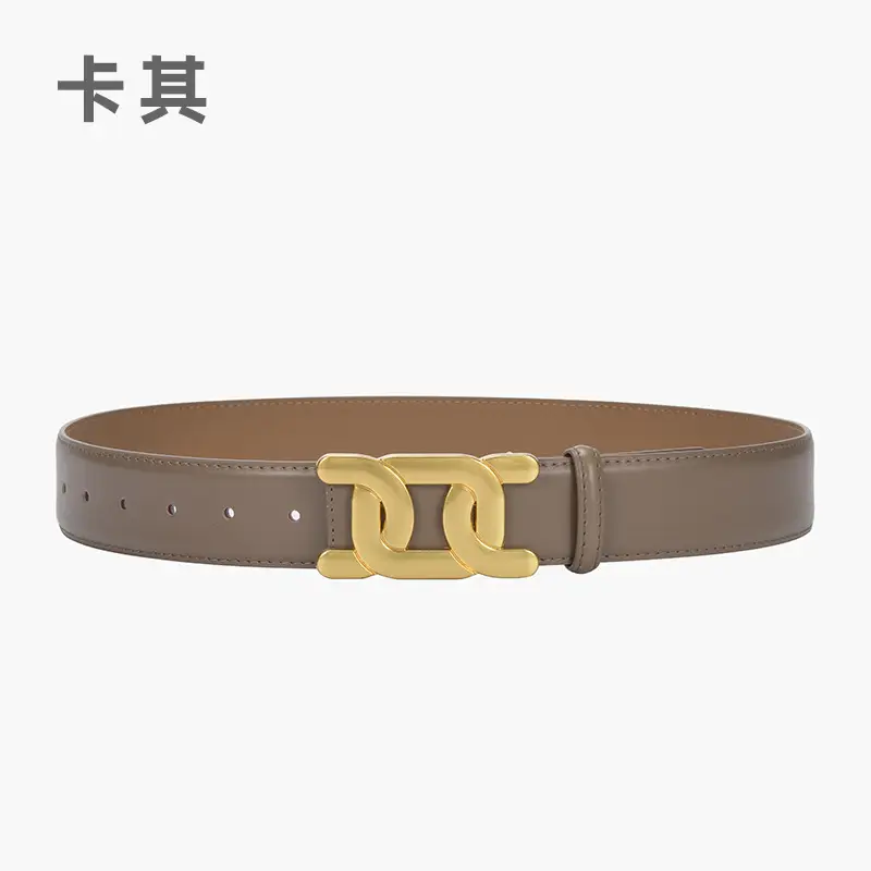 Women's Brown Leather Belt with Gold H- Buckle - Image 3