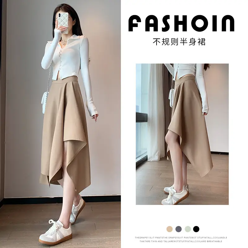 Irregular High Waist Pleated Skirt Women's Beige - Image 6