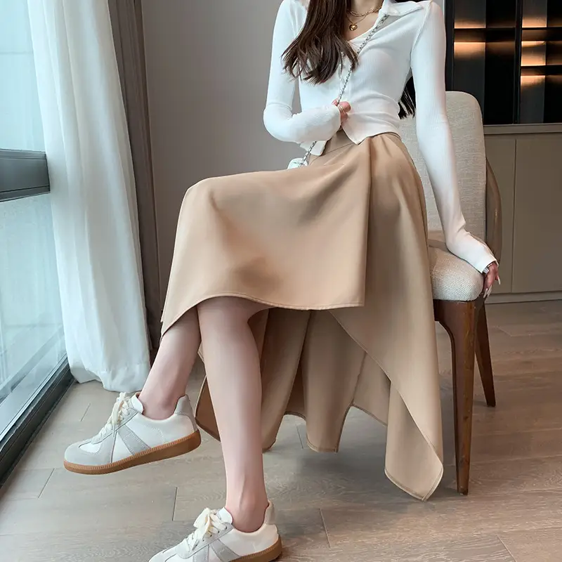 Irregular High Waist Pleated Skirt Women's Beige - Image 8