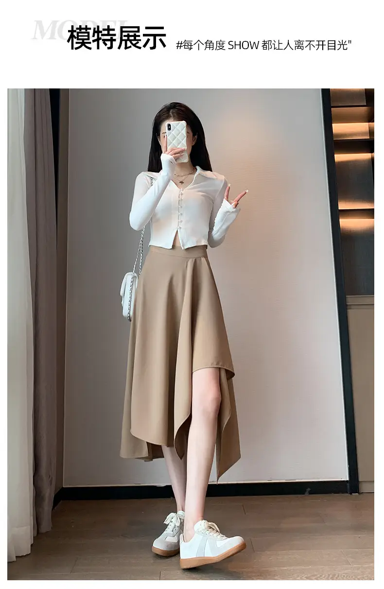 Irregular High Waist Pleated Skirt Women's Beige — feature 25