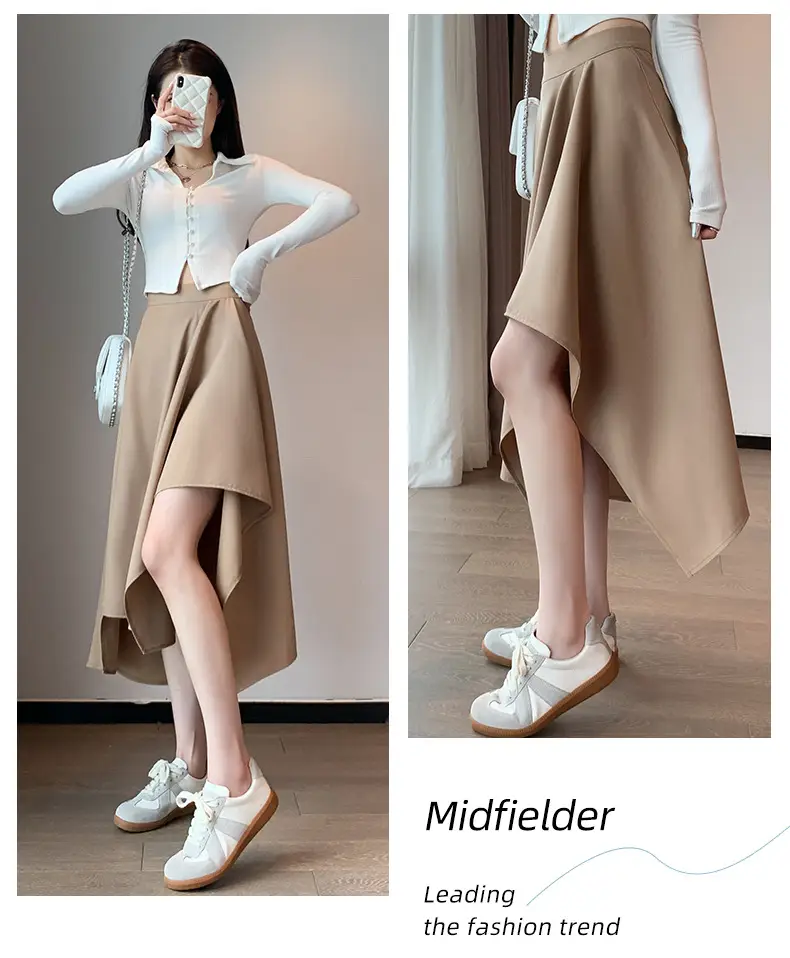 Irregular High Waist Pleated Skirt Women's Beige — feature 26