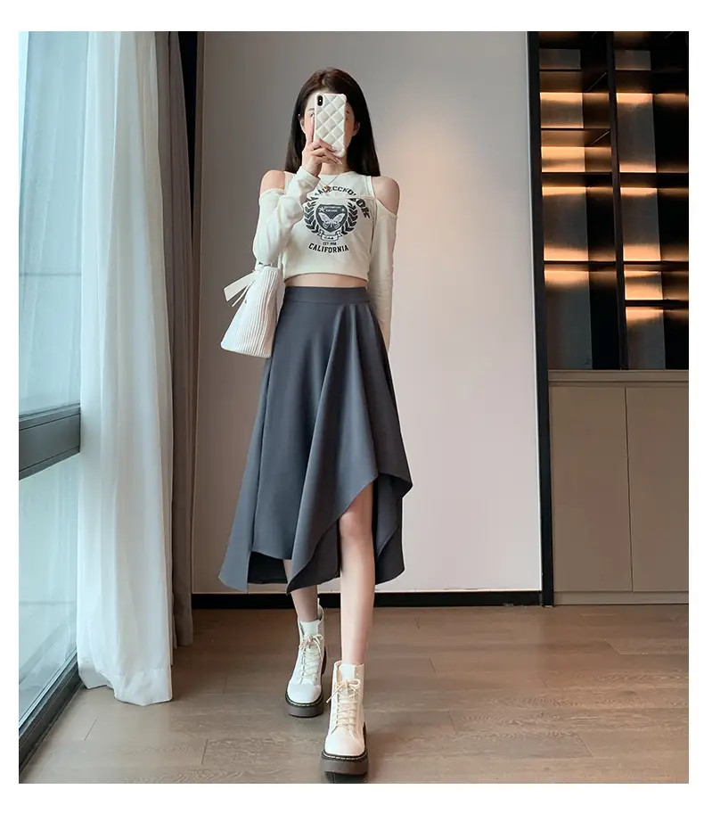 Irregular High Waist Pleated Skirt Women's Beige — feature 27