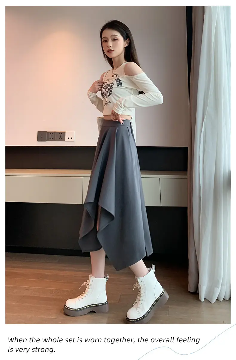 Irregular High Waist Pleated Skirt Women's Beige — feature 28