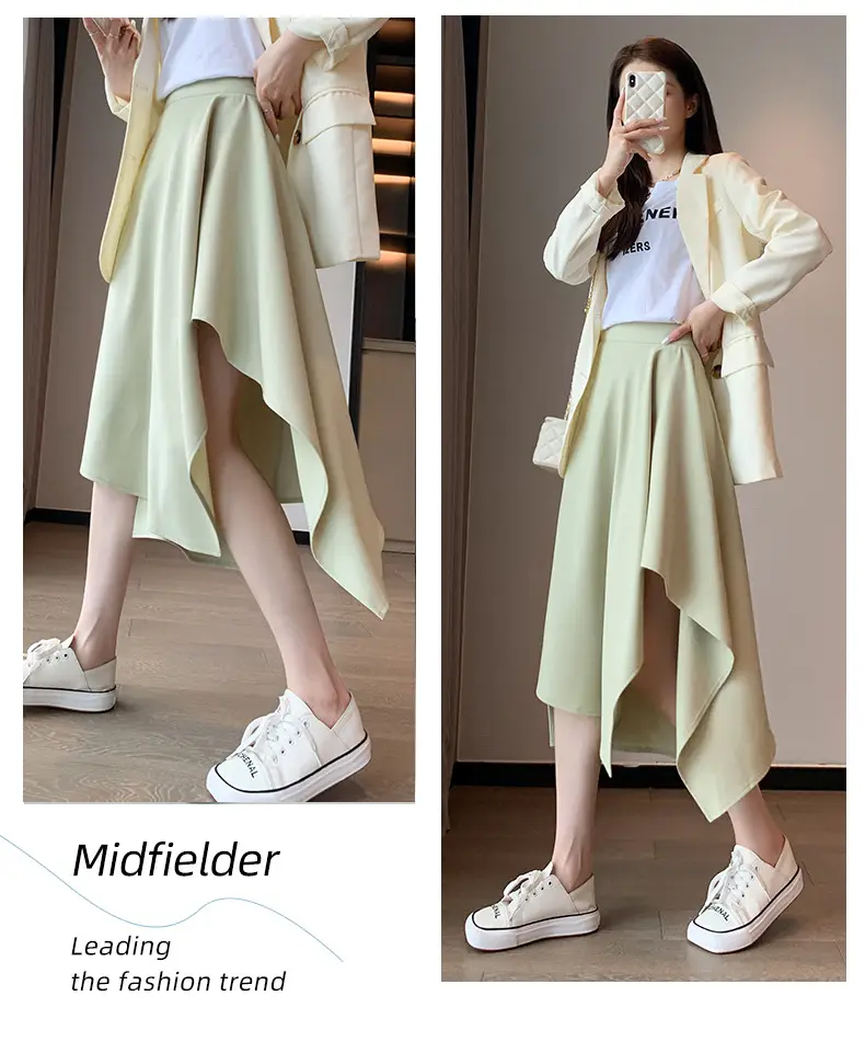 Irregular High Waist Pleated Skirt Women's Beige — feature 30