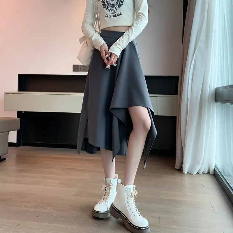 Irregular High Waist Pleated Skirt Women's Beige — feature 33