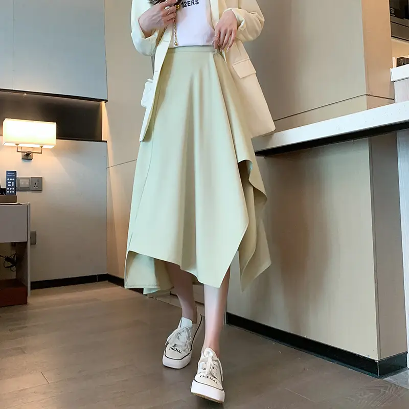 Irregular High Waist Pleated Skirt Women's Beige — feature 34