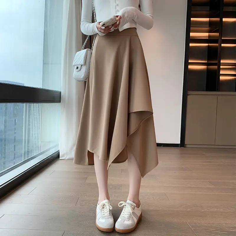 Irregular High Waist Pleated Skirt Women's Beige - Image 2