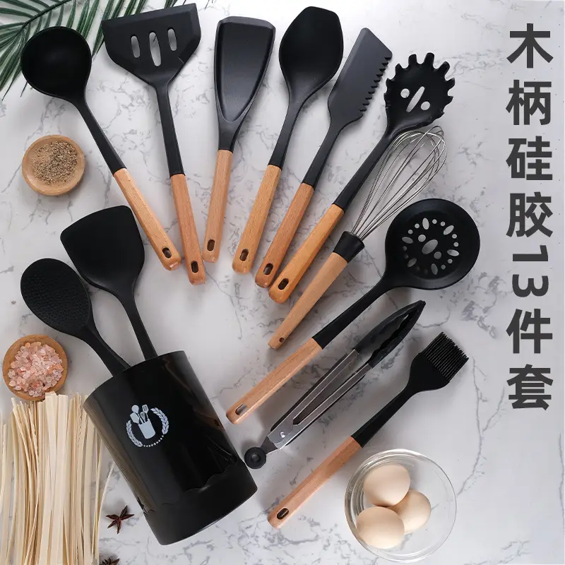 Wooden Handle Silicone Kitchenware 13 Pieces suit Storage Barrel Kitchen Tools Non-stick Cooking Spoon suit