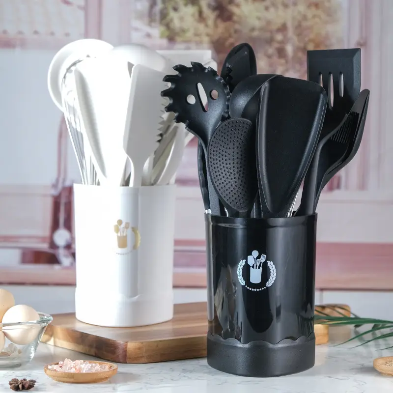 Wooden Handle Silicone Kitchenware 13 Pieces suit Storage Barrel Kitchen Tools Non-stick Cooking Spoon suit