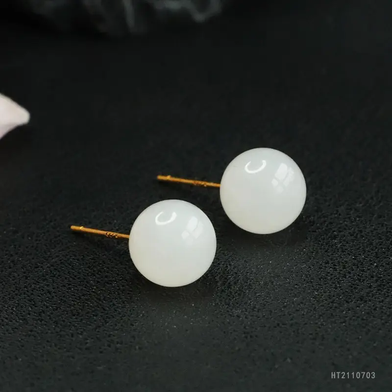 White Jade Round Bead Earrings S925 Silver - Image 3