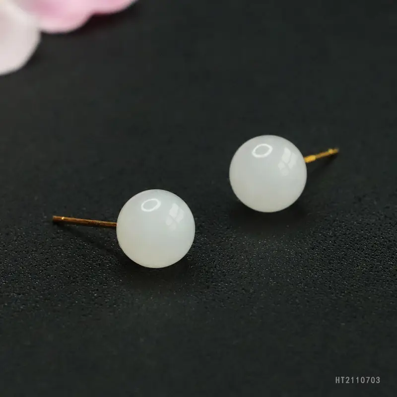 White Jade Round Bead Earrings S925 Silver - Image 4