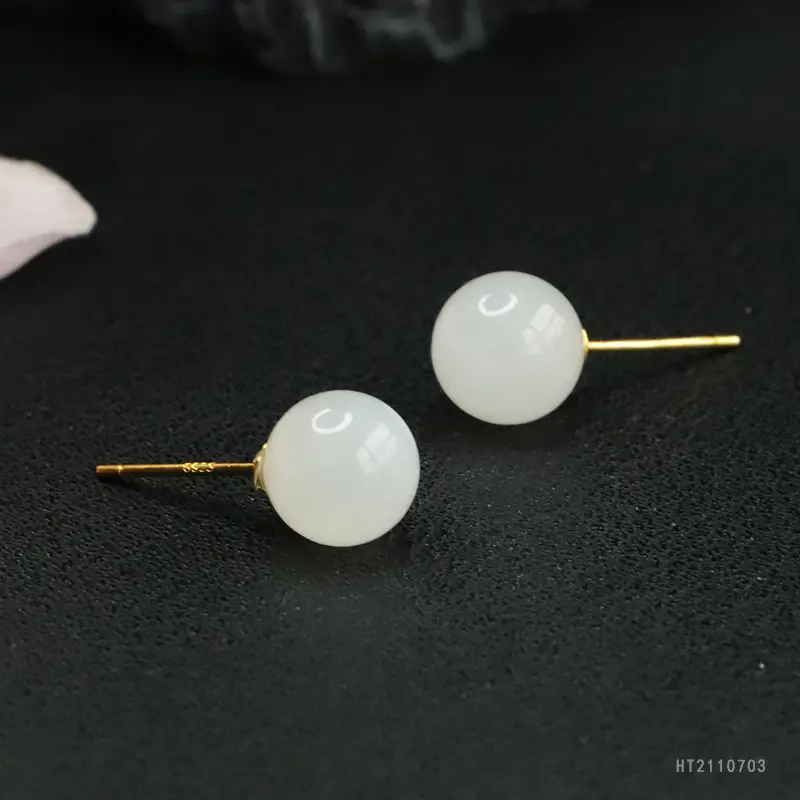 White Jade Round Bead Earrings S925 Silver - Image 5