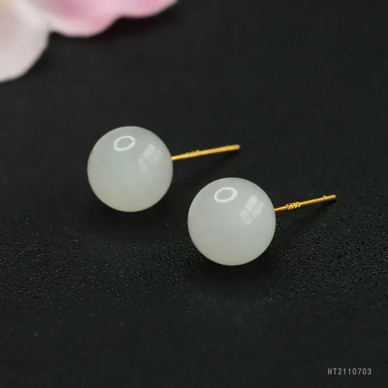 White Jade Round Bead Earrings S925 Silver — feature 10