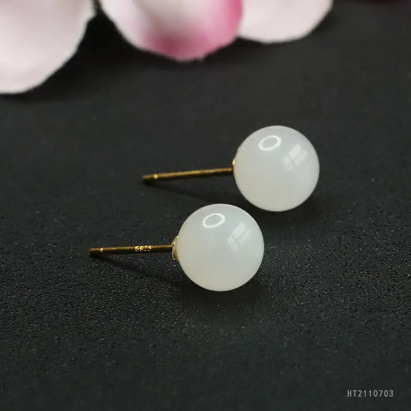 White Jade Round Bead Earrings S925 Silver — feature 7