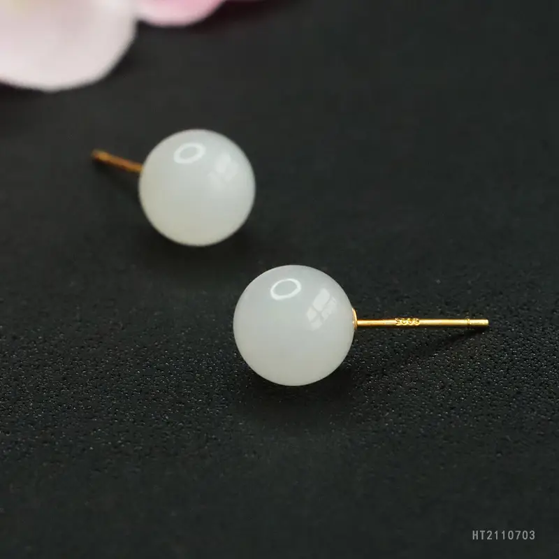 White Jade Round Bead Earrings S925 Silver — feature 9