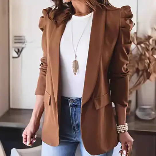 Women's Long Sleeve Lapel Blazer Brown Autumn Winter - Image 8