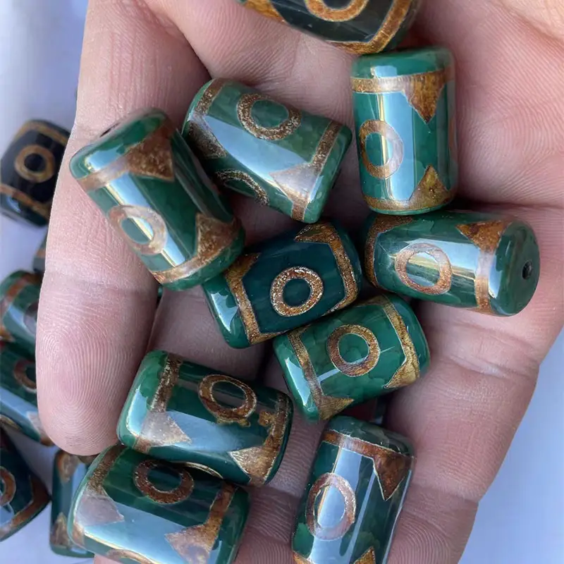 Glossy Natural Agate Xizang Dzi Beads 22mm Antique Green - Image 3