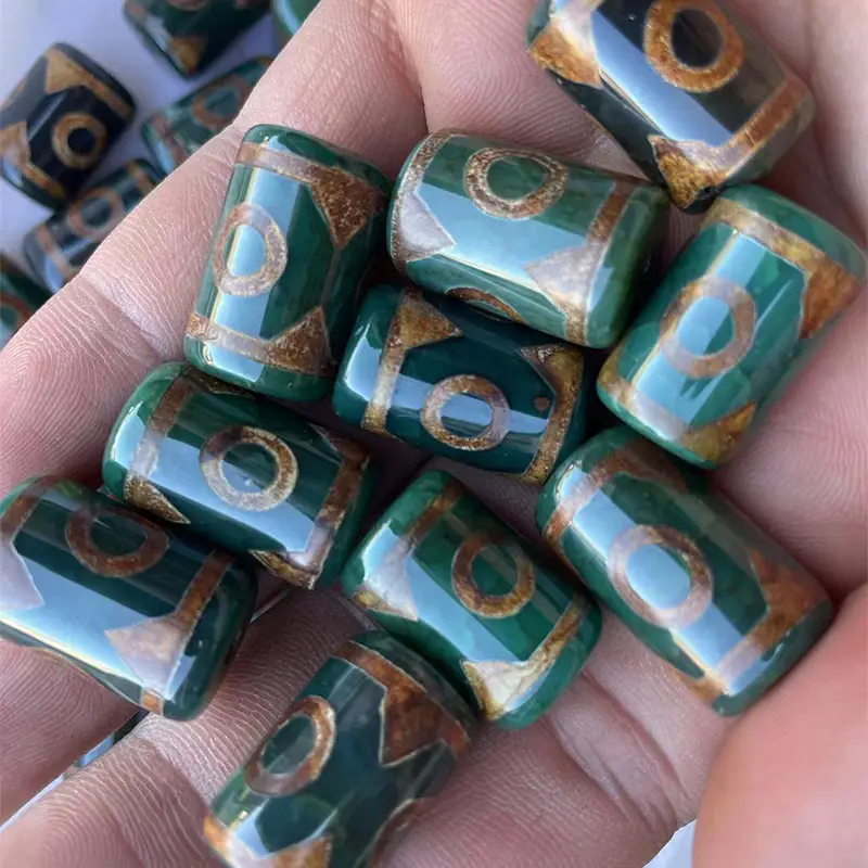 Glossy Natural Agate Xizang Dzi Beads 22mm Antique Green - Image 4