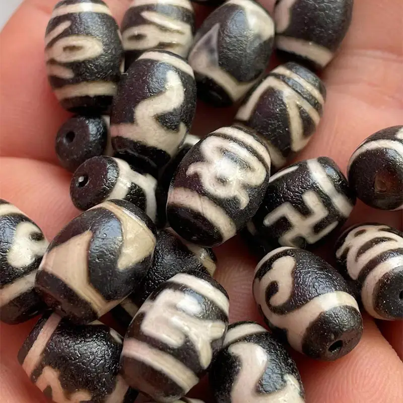 Xizang Dzi Beads Natural Agate Antique Black White 10x14mm - Image 2
