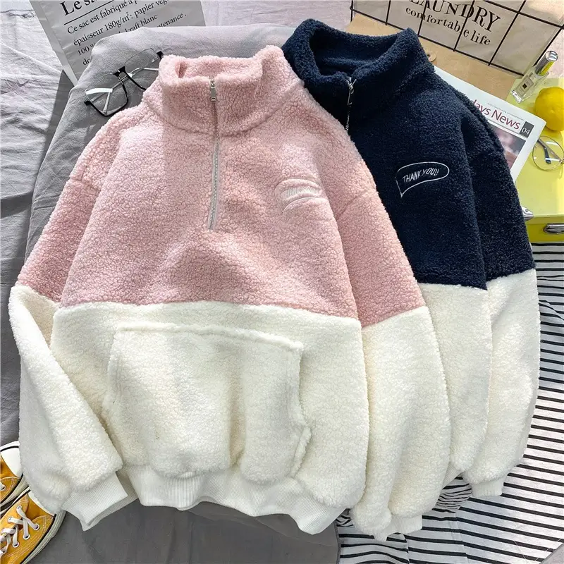 Women's Grey White Fleece Lined Half-Zipper Sweatshirt - Image 5