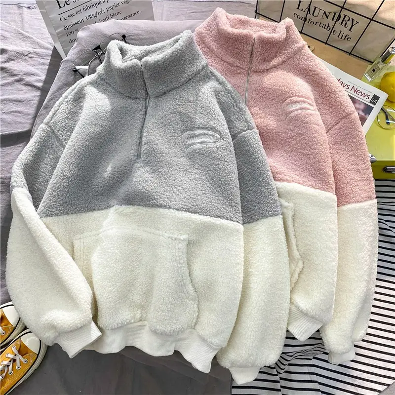 Women's Grey White Fleece Lined Half-Zipper Sweatshirt - Image 6