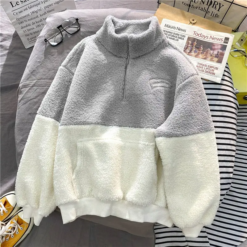 Women's Grey White Fleece Lined Half-Zipper Sweatshirt — feature 3