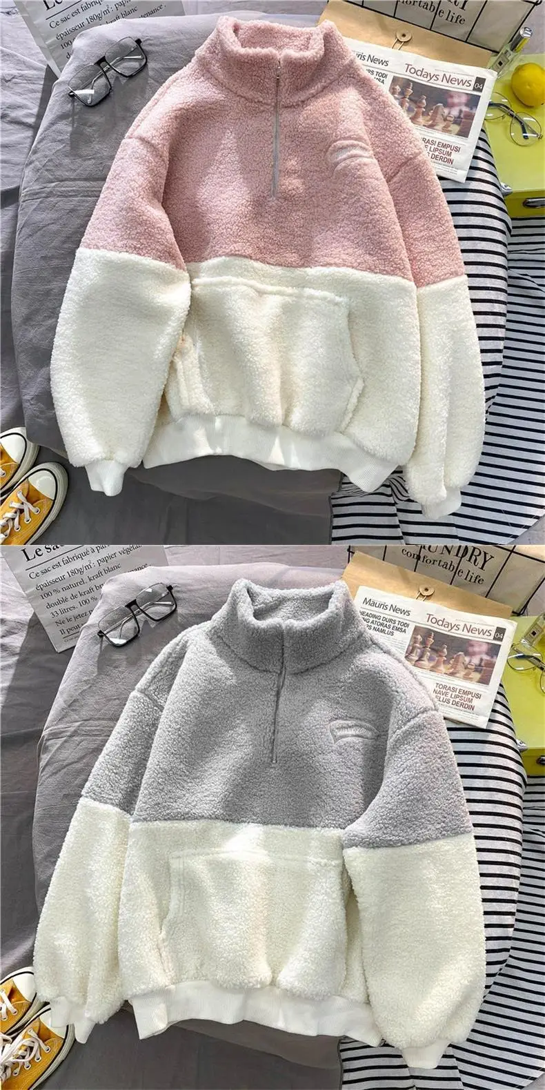 Women's Grey White Fleece Lined Half-Zipper Sweatshirt — feature 7