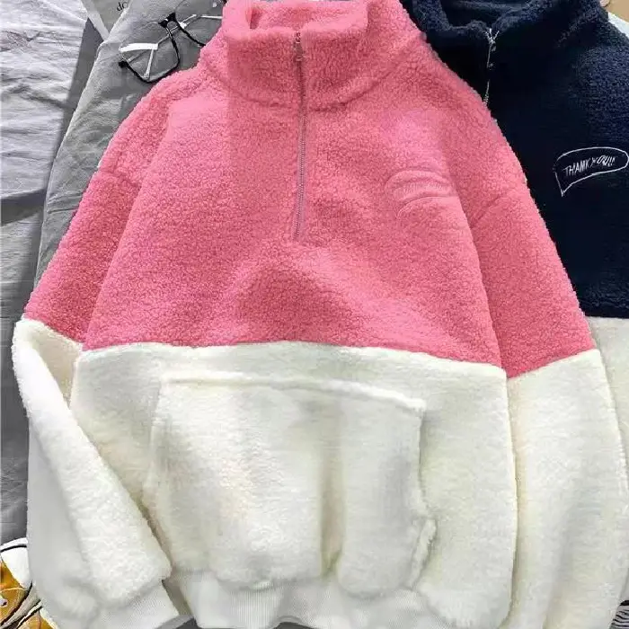 Women's Grey White Fleece Lined Half-Zipper Sweatshirt - Image 2