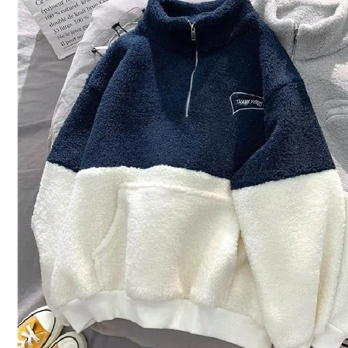 Women's Grey White Fleece Lined Half-Zipper Sweatshirt - Image 3