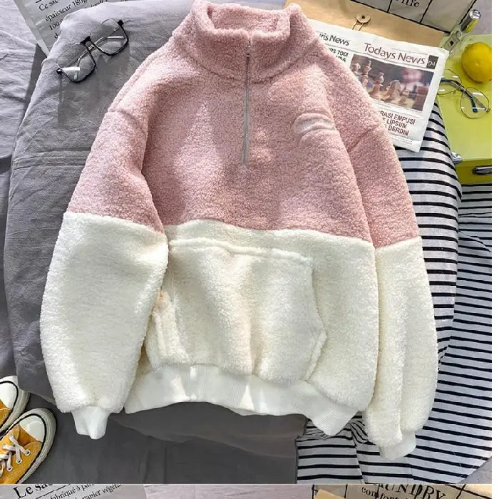 Women's Grey White Fleece Lined Half-Zipper Sweatshirt - Image 4