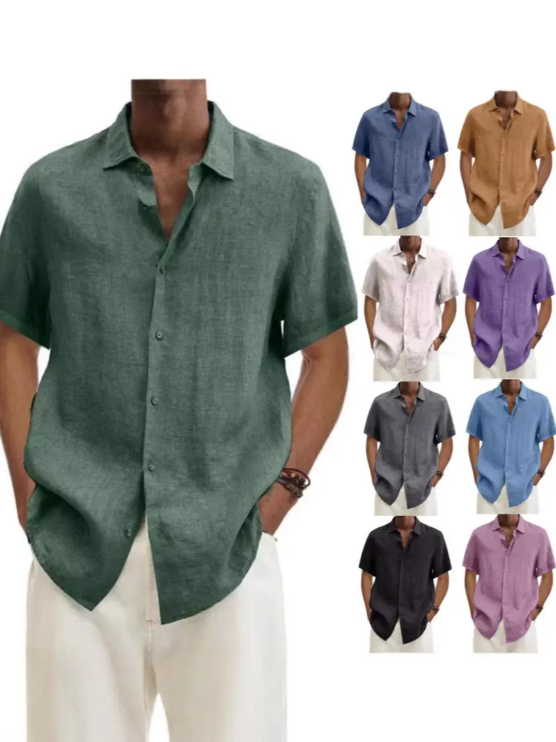 Men Button Cotton Linen V Neck Shirt Purple 2024