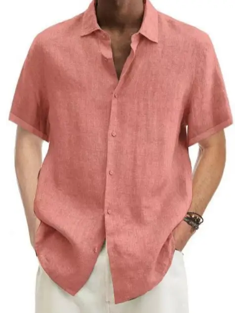 Men Button Cotton Linen V Neck Shirt Purple 2024