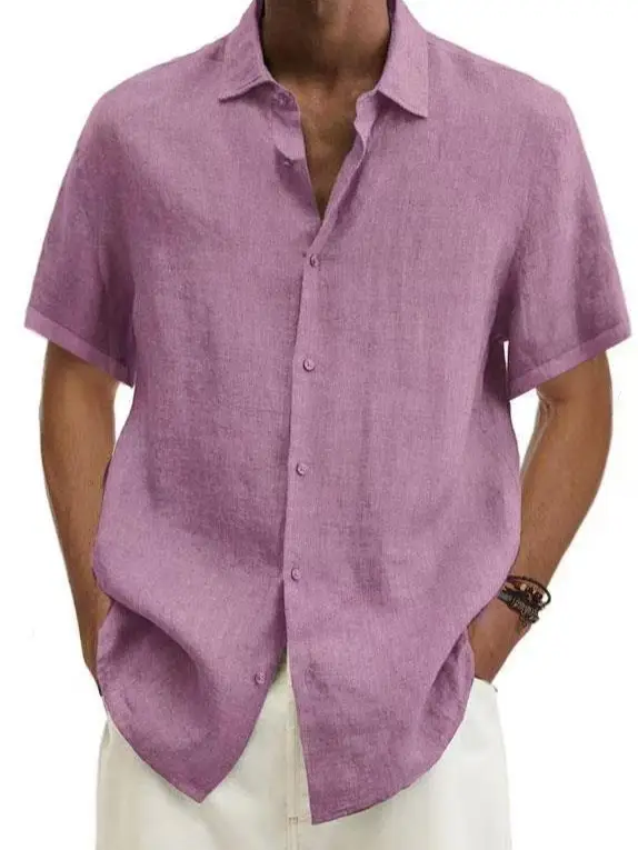 Men Button Cotton Linen V Neck Shirt Purple 2024
