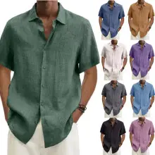 Men Button Cotton Linen V Neck Shirt Purple 2024 — feature 10