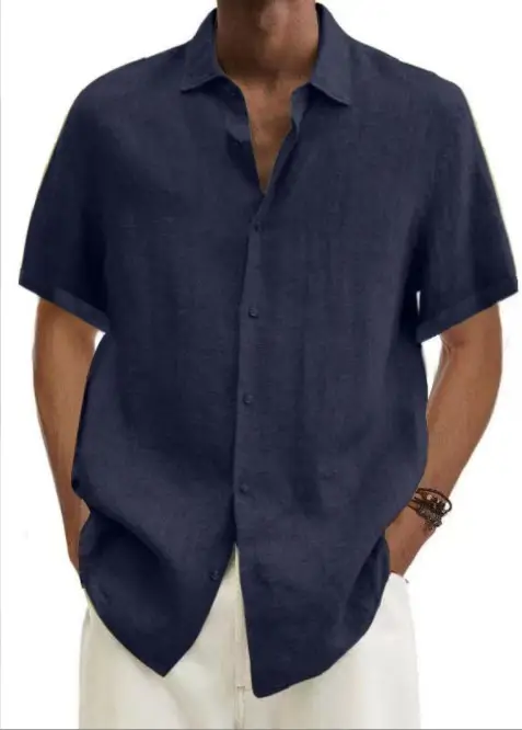 Men Button Cotton Linen V Neck Shirt Purple 2024
